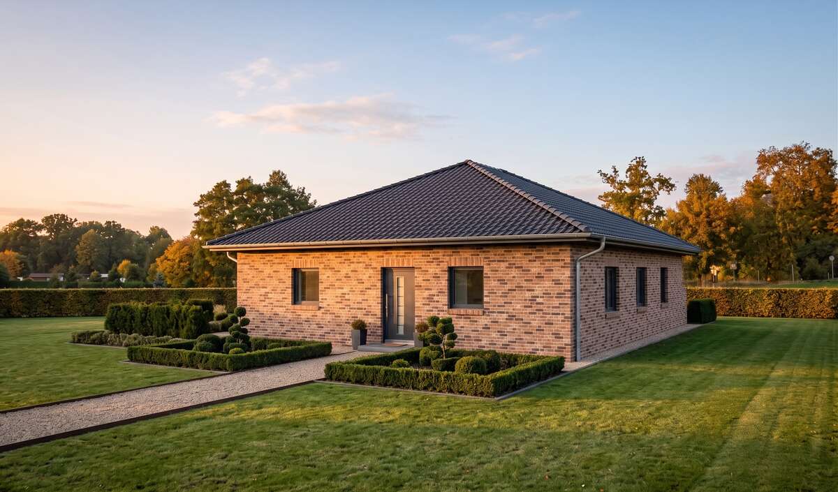 Bungalow linea von Elbe-Haus, Eingangsansicht des geradlinigen Architekten-Bungalows