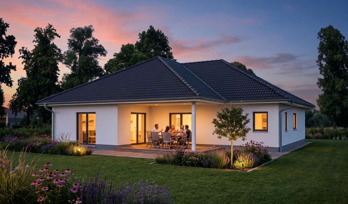 Bungalow rewi von Elbe-Haus, Gartenansicht des L-förmigen Architekten-Bungalows