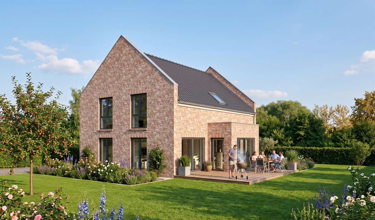 Klassikhaus base plus von Elbe-Haus, Gartenansicht des Satteldachhauses mit 279 m² Nutzfläche
