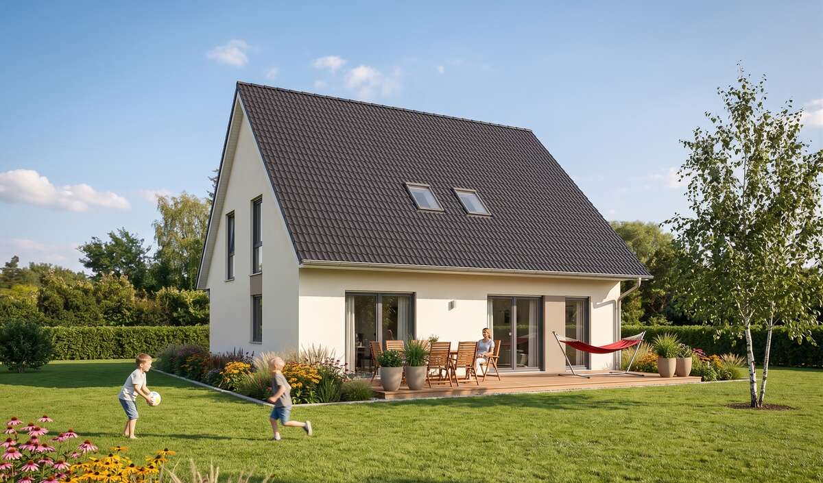 Klassikhaus family von Elbe-Haus, Gartenansicht des Familienhauses mit Satteldach