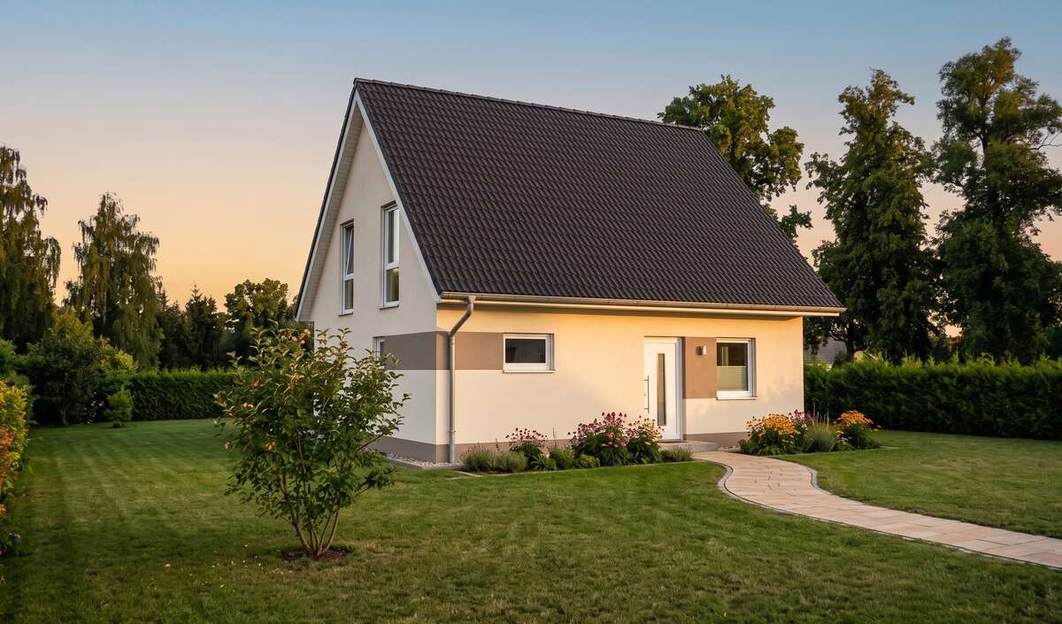 Klassikhaus linea von Elbe-Haus, Eingangsansicht des Satteldachhauses mit 139 m² Nutzfläche