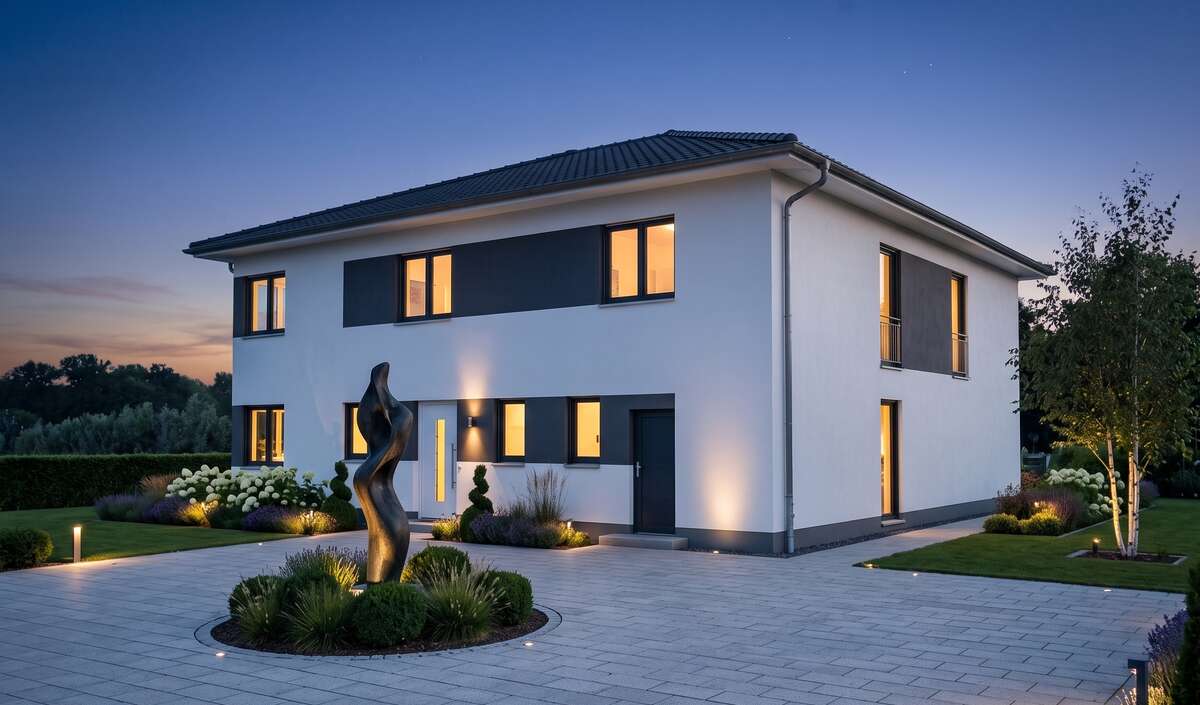 Stadtvilla grande von Elbe-Haus: Eingangsseite mit Walmdach, weißem Putz und anthrazitfarbenen Fassadenakzenten in der Abenddämmerung