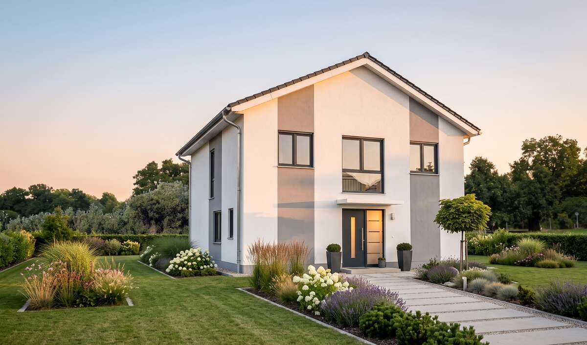 Stadtvilla plain von Elbe-Haus: Außenansicht der Eingangsseite mit klarer, geradliniger Architektur