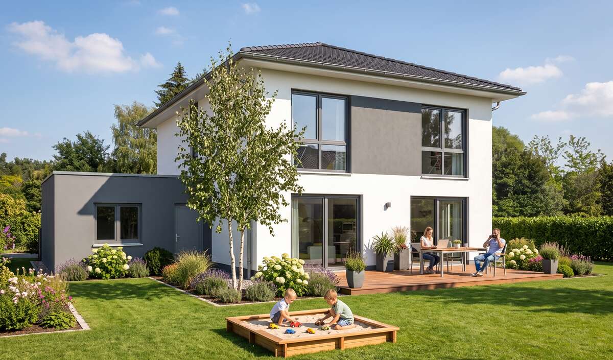 Stadtvilla slim von Elbe-Haus: Gartenansicht mit Terrasse vor dem weitläufigen Wohn-/Essbereich