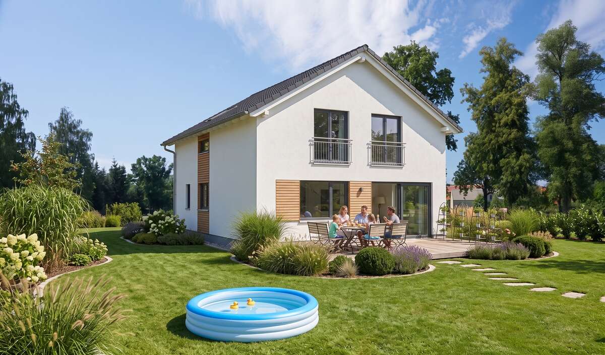 Stadtvilla neo von Elbe-Haus, Gartenansicht der modernen Stadtvilla mit Terrasse
